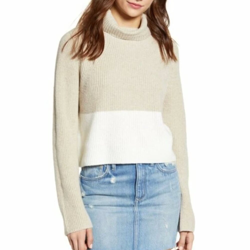 NEW NWT LEITH Transfer Stitch Turtleneck Sweater Beige Cream Ivory Cropped Crop